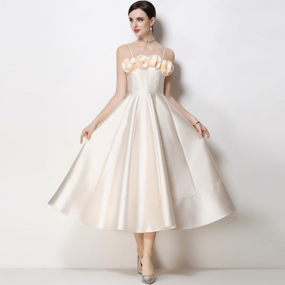 CM-DY071935 Women Elegant European Style Floral Decor Sleeveless High Waist A-Line Satin Dress - Apricot