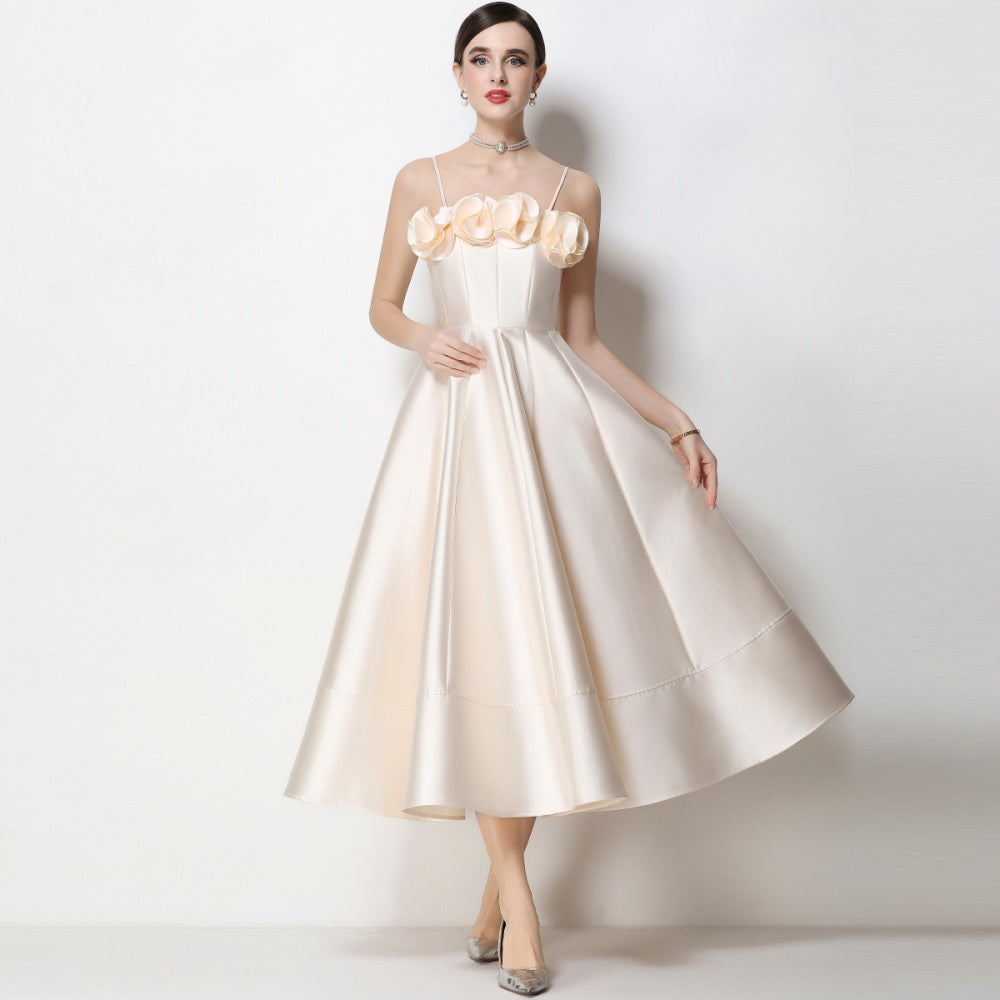 CM-DY071935 Women Elegant European Style Floral Decor Sleeveless High Waist A-Line Satin Dress - Apricot