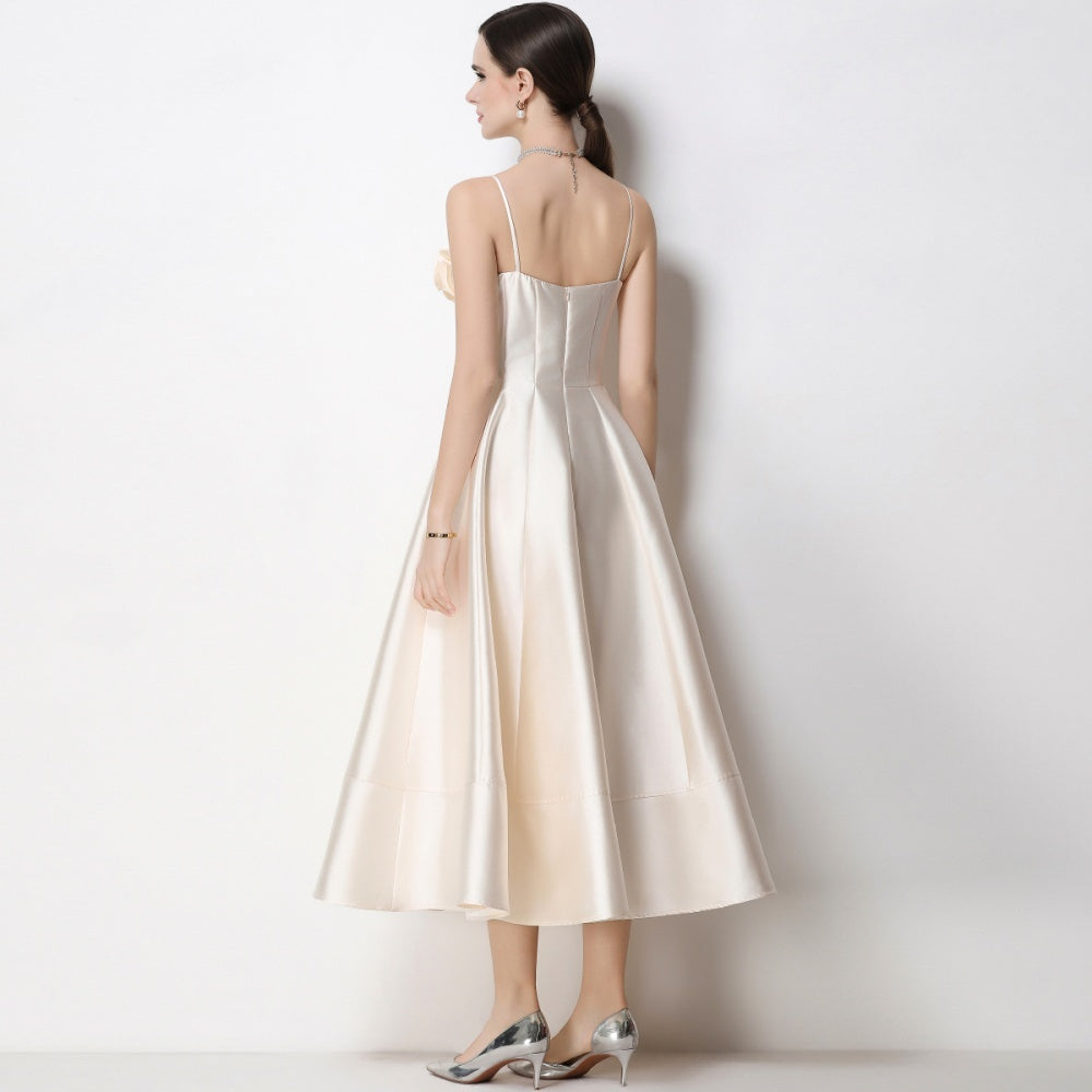 CM-DY071935 Women Elegant European Style Floral Decor Sleeveless High Waist A-Line Satin Dress - Apricot