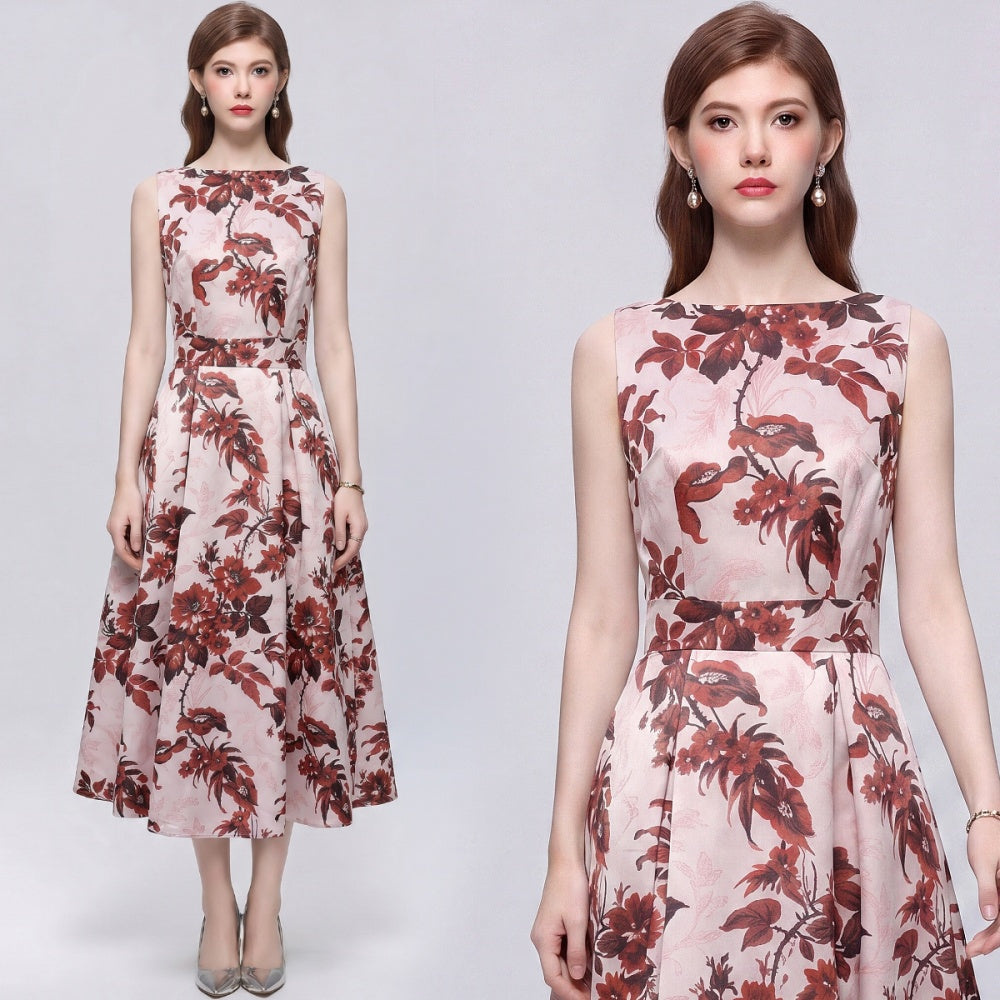 CM-DY072012 Women Elegant European Style Round Neck Sleeveless High Waist A-Line Mid-Length Dress