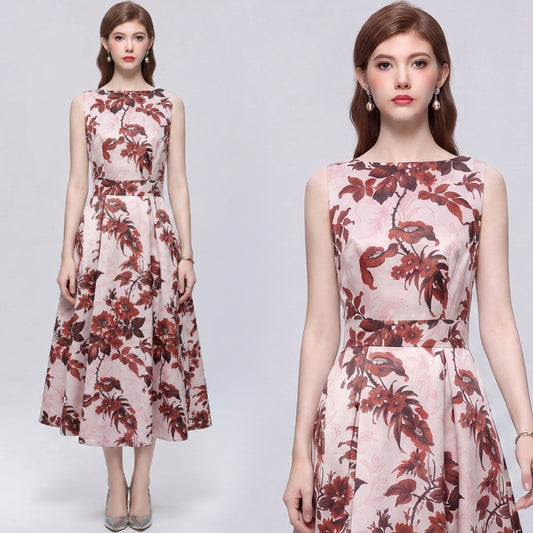 CM-DY072012 Women Elegant European Style Round Neck Sleeveless High Waist A-Line Mid-Length Dress