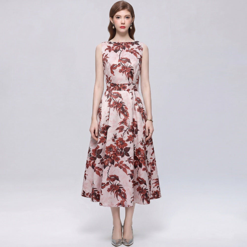 CM-DY072012 Women Elegant European Style Round Neck Sleeveless High Waist A-Line Mid-Length Dress