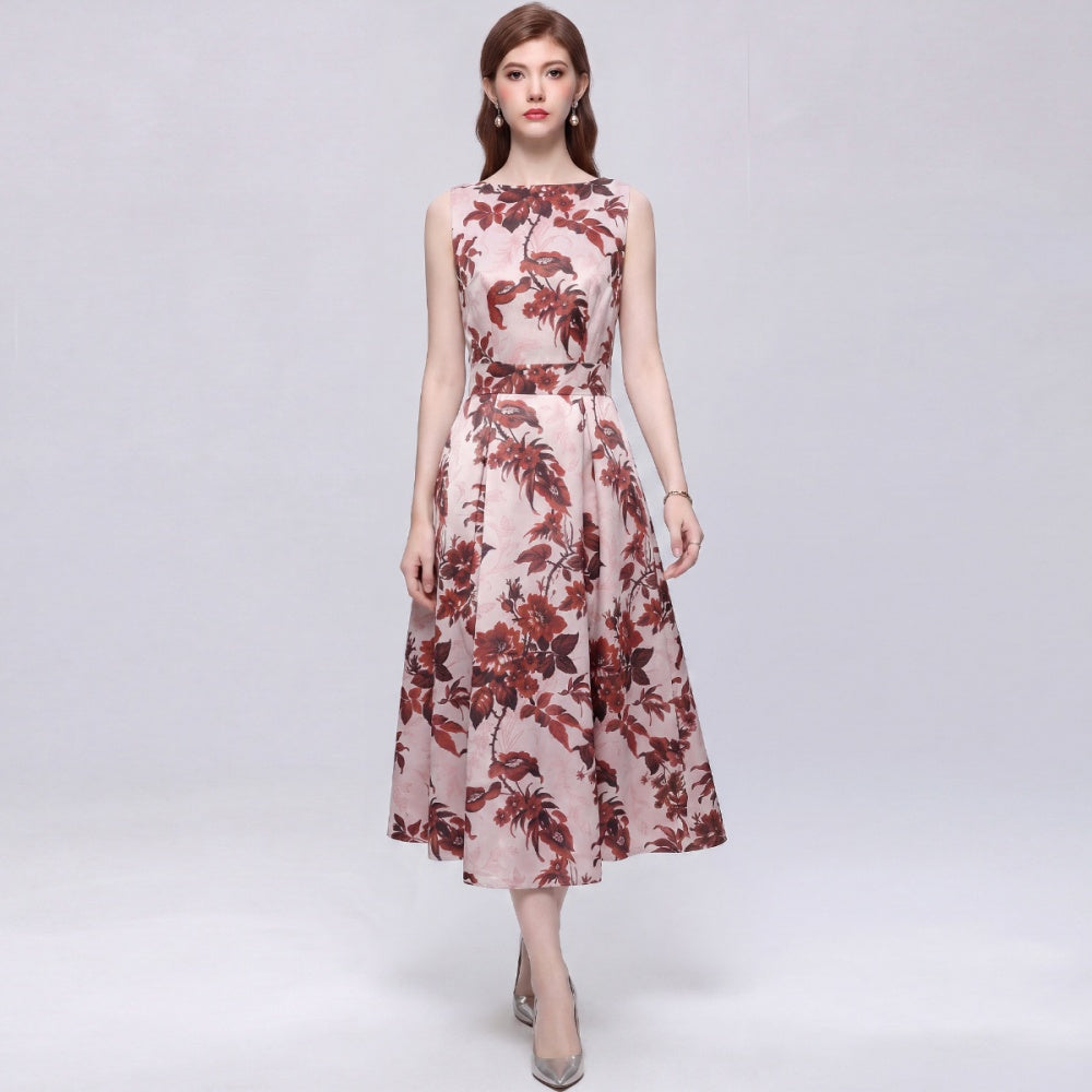 CM-DY072012 Women Elegant European Style Round Neck Sleeveless High Waist A-Line Mid-Length Dress