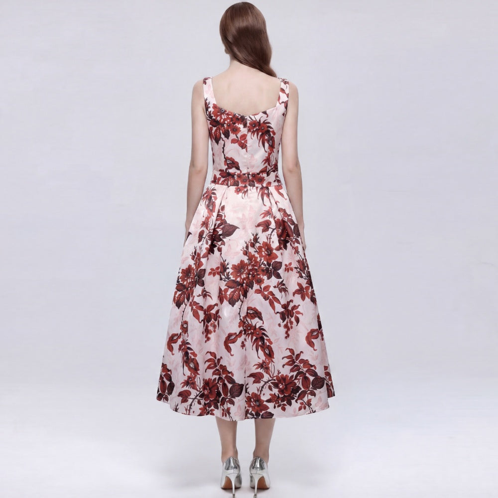 CM-DY072012 Women Elegant European Style Round Neck Sleeveless High Waist A-Line Mid-Length Dress
