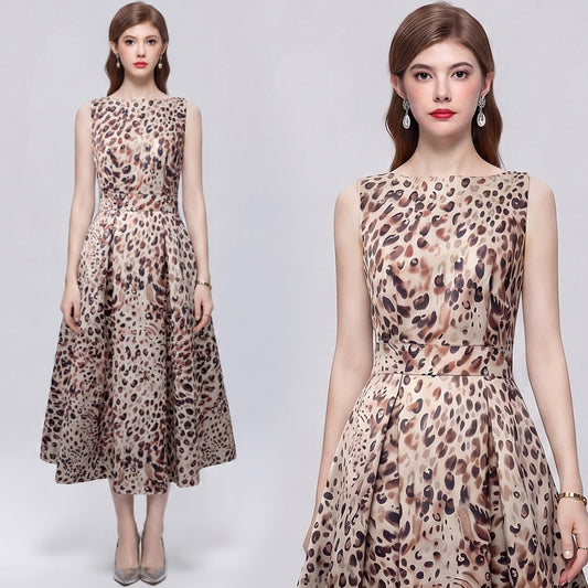 CM-DY072013 Women Elegant European Style Round Neck Sleeveless Pinched Waist A-Line Mid-Length Dress