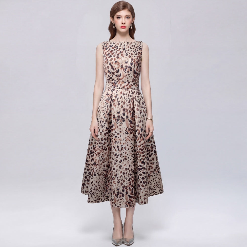 CM-DY072013 Women Elegant European Style Round Neck Sleeveless Pinched Waist A-Line Mid-Length Dress