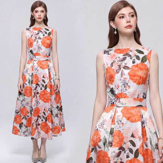 CM-DY072014 Women Elegant European Style Round Neck Sleeveless High Waist A-Line Mid-Length Dress