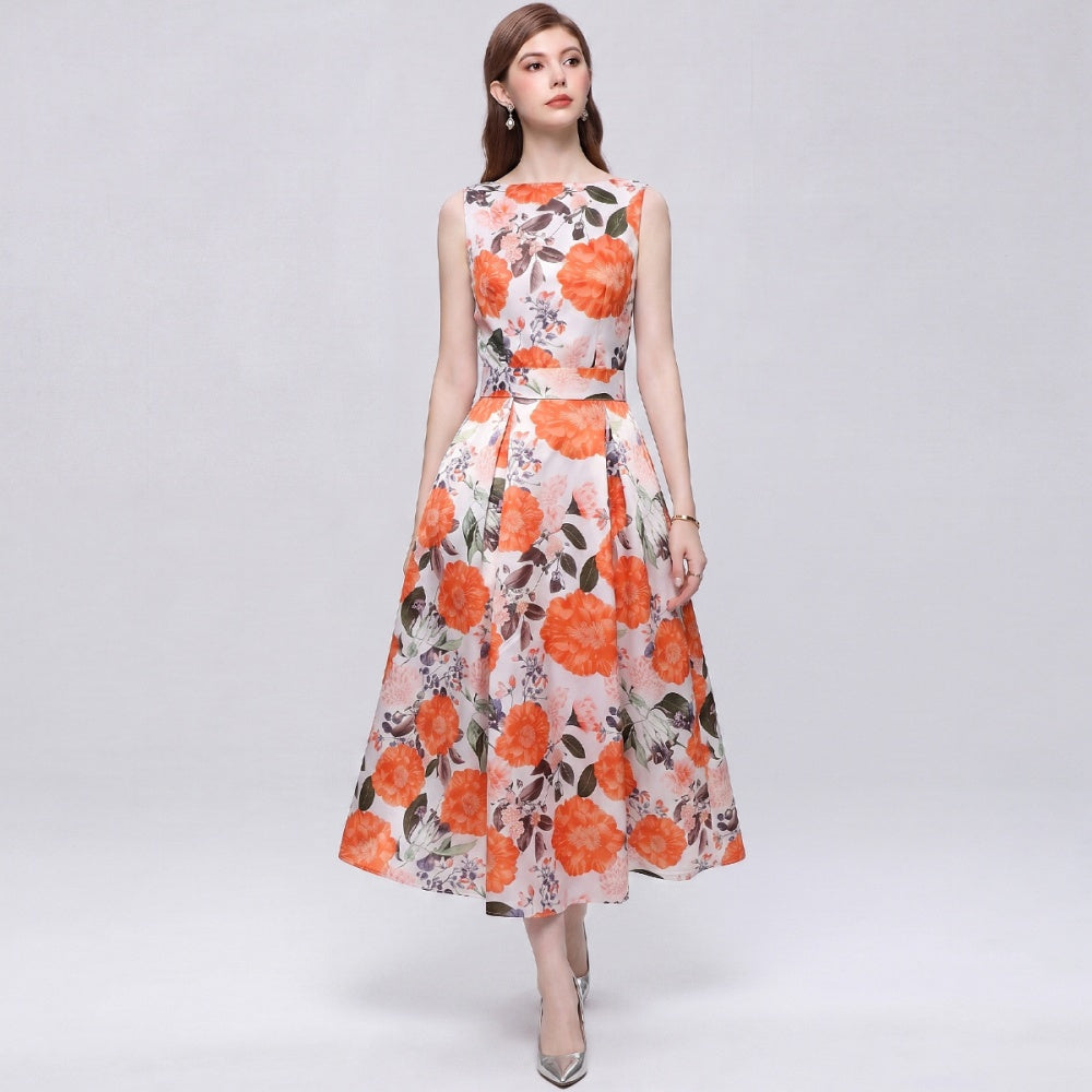CM-DY072014 Women Elegant European Style Round Neck Sleeveless High Waist A-Line Mid-Length Dress
