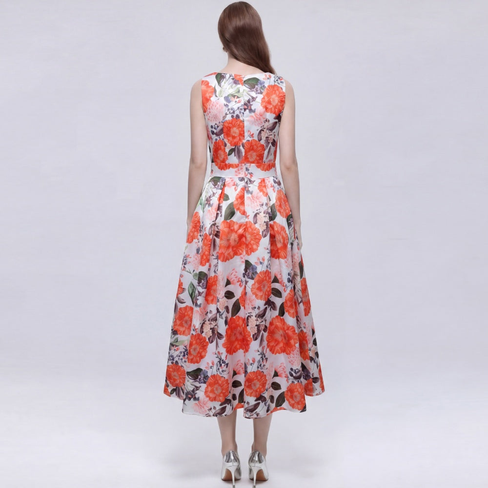 CM-DY072014 Women Elegant European Style Round Neck Sleeveless High Waist A-Line Mid-Length Dress