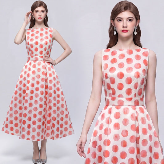 CM-DY072015 Women Elegant European Style Round Neck Sleeveless High Waist A-Line Mid-Length Dress