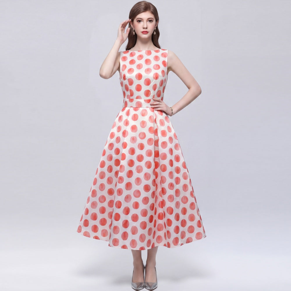 CM-DY072015 Women Elegant European Style Round Neck Sleeveless High Waist A-Line Mid-Length Dress
