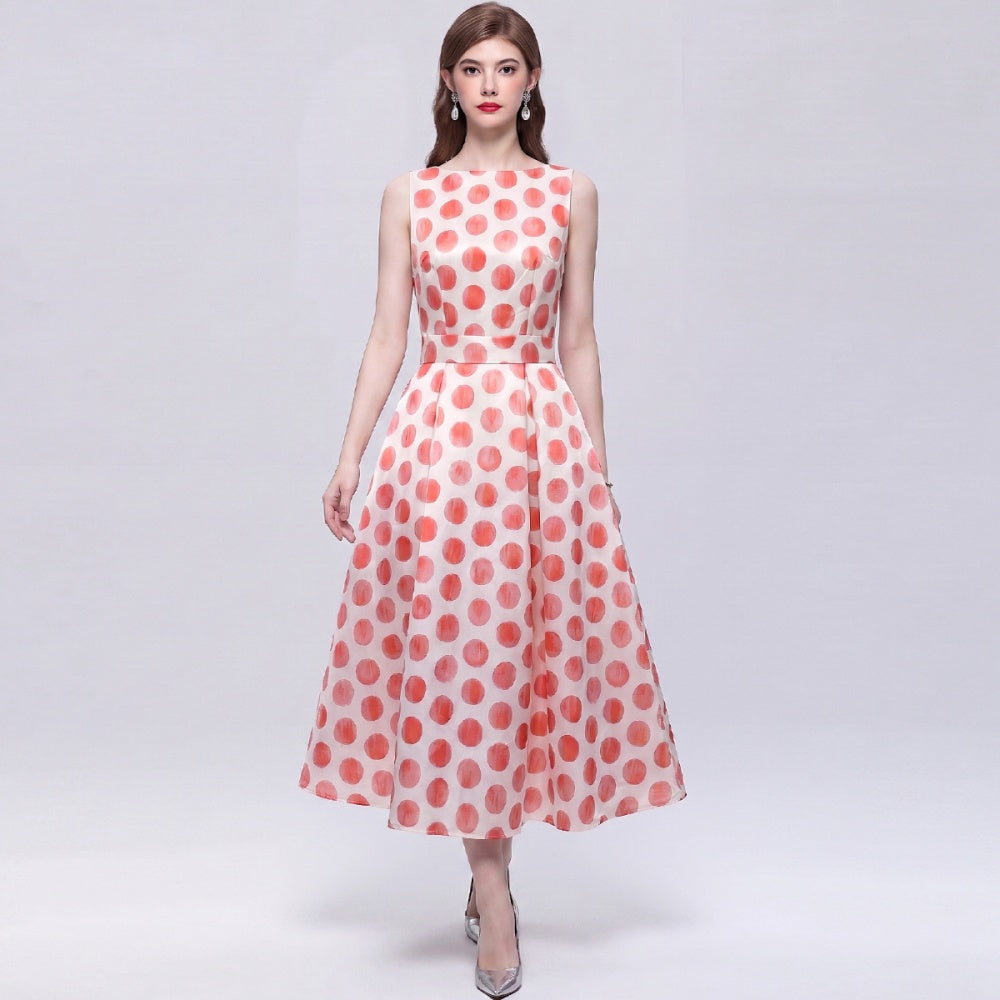 CM-DY072015 Women Elegant European Style Round Neck Sleeveless High Waist A-Line Mid-Length Dress