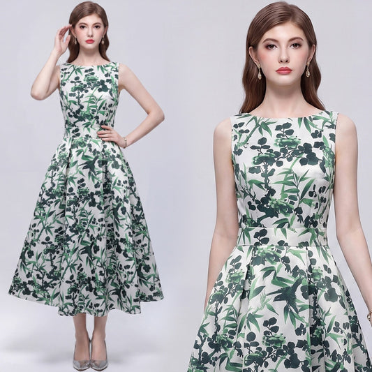 CM-DY072016 Women Elegant European Style Round Neck Sleeveless Pinched Waist A-Line Mid-Length Dress
