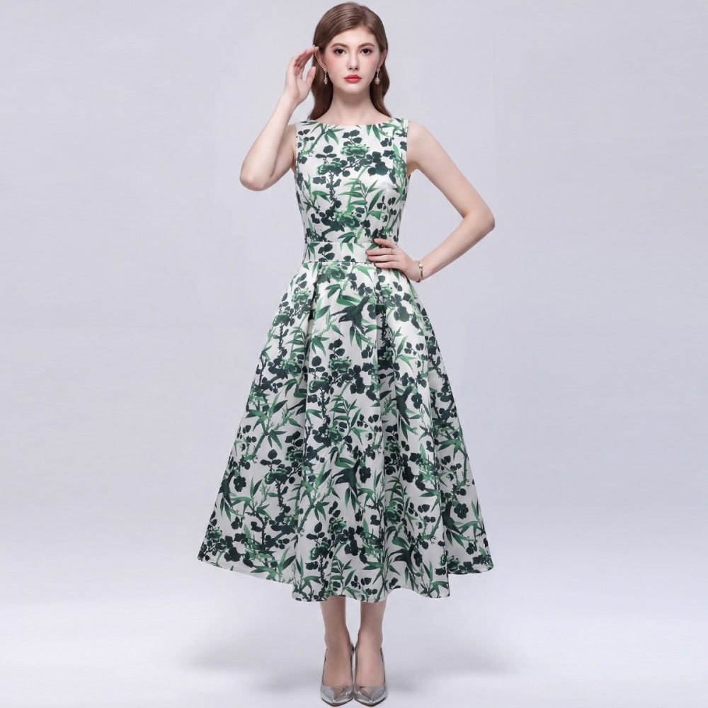 CM-DY072016 Women Elegant European Style Round Neck Sleeveless Pinched Waist A-Line Mid-Length Dress