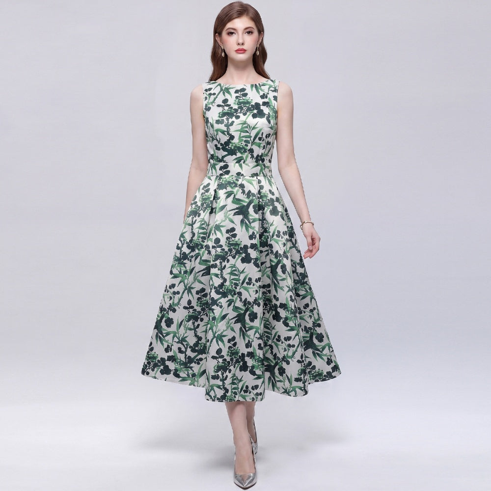 CM-DY072016 Women Elegant European Style Round Neck Sleeveless Pinched Waist A-Line Mid-Length Dress