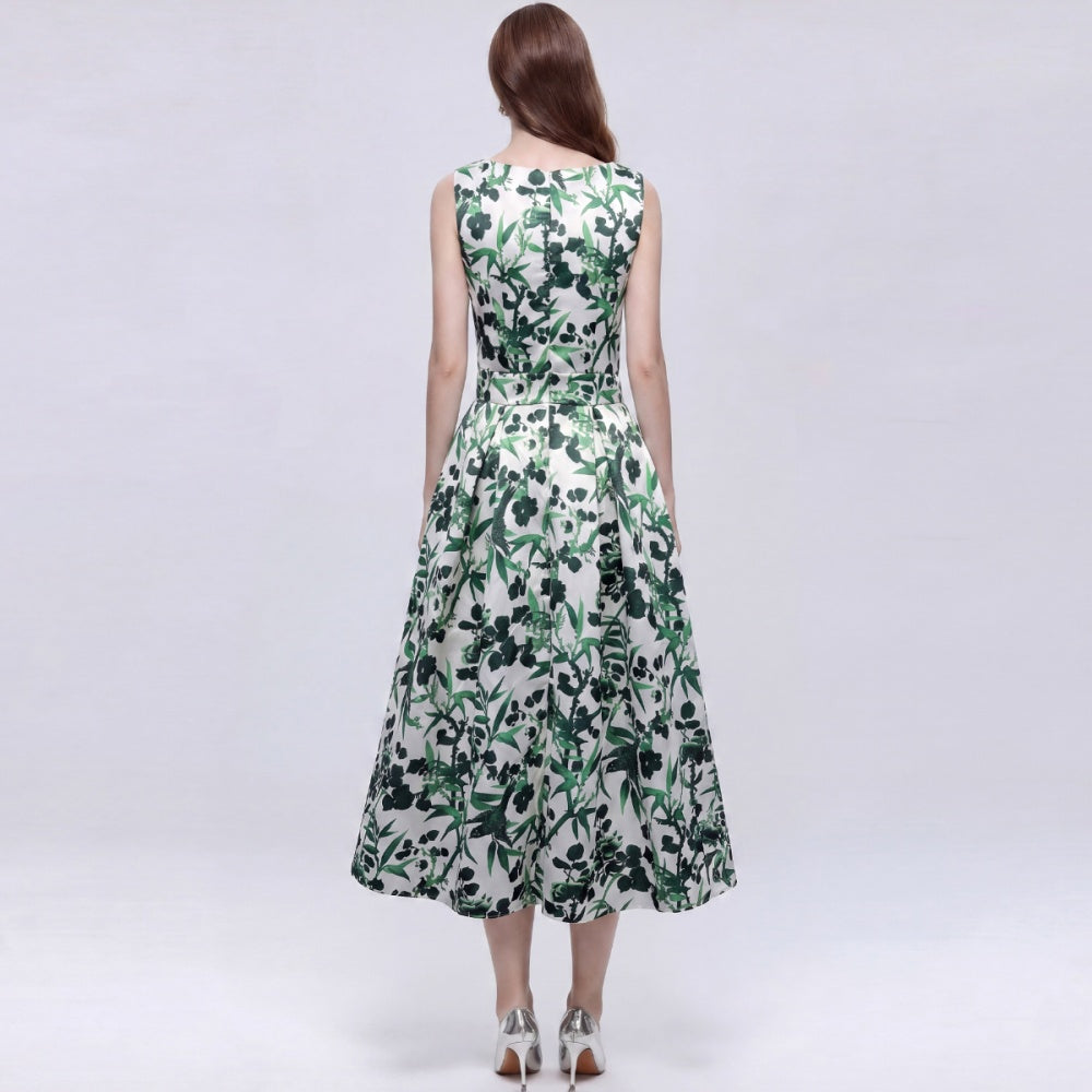 CM-DY072016 Women Elegant European Style Round Neck Sleeveless Pinched Waist A-Line Mid-Length Dress
