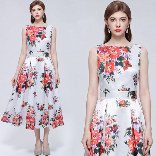CM-DY072020 Women Elegant European Style Floral Print Round Neck Sleeveless High Waist Dress