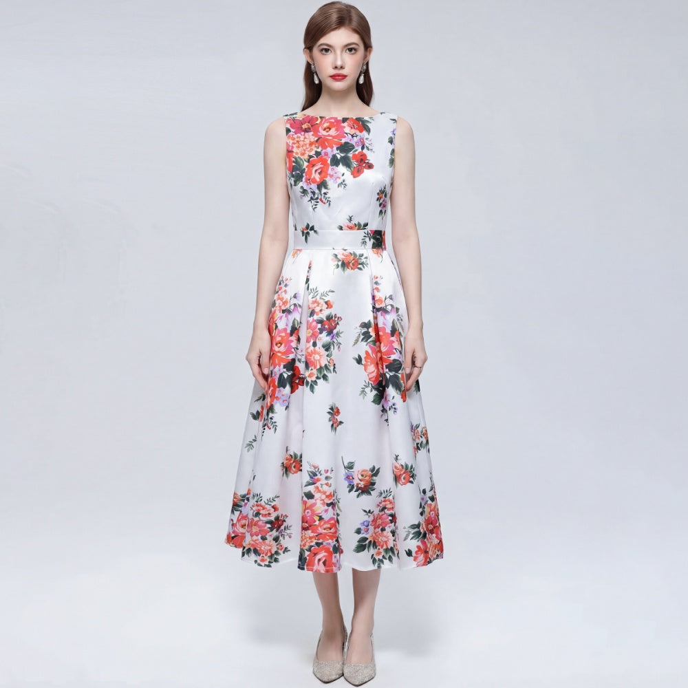 CM-DY072020 Women Elegant European Style Floral Print Round Neck Sleeveless High Waist Dress