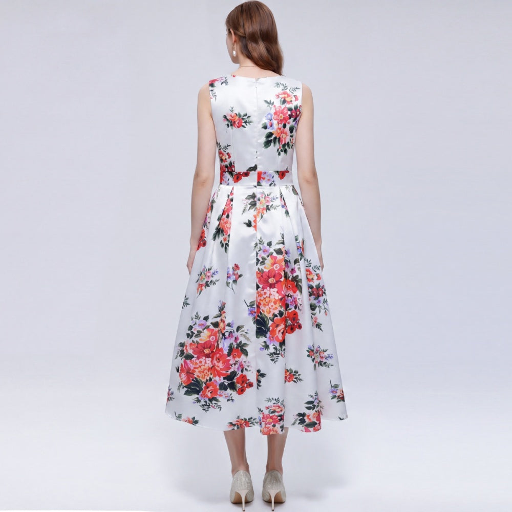 CM-DY072020 Women Elegant European Style Floral Print Round Neck Sleeveless High Waist Dress