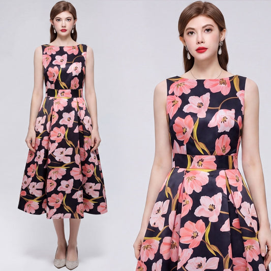 CM-DY072021 Women Elegant European Style Round Neck Sleeveless Pinched Waist A-Line Midi Dress