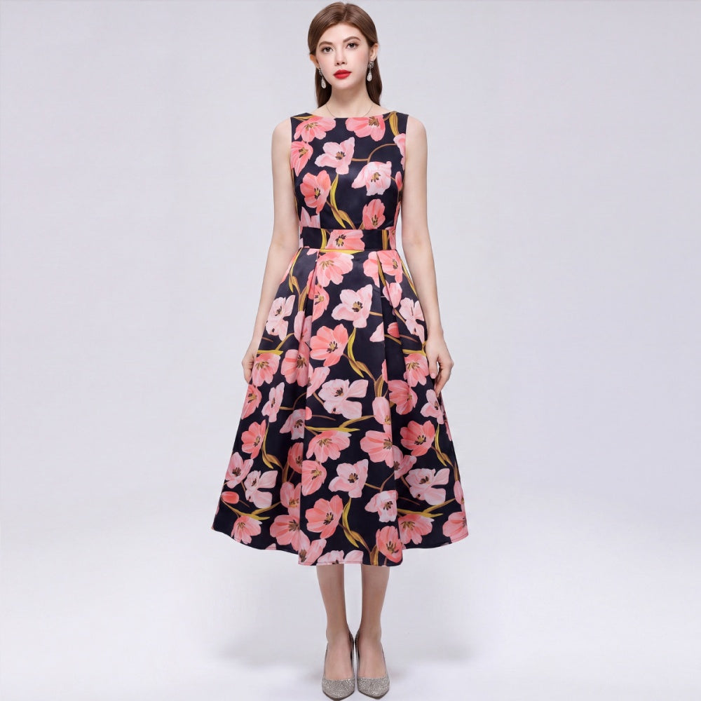 CM-DY072021 Women Elegant European Style Round Neck Sleeveless Pinched Waist A-Line Midi Dress
