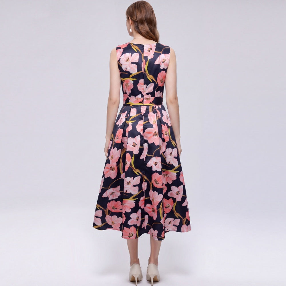 CM-DY072021 Women Elegant European Style Round Neck Sleeveless Pinched Waist A-Line Midi Dress