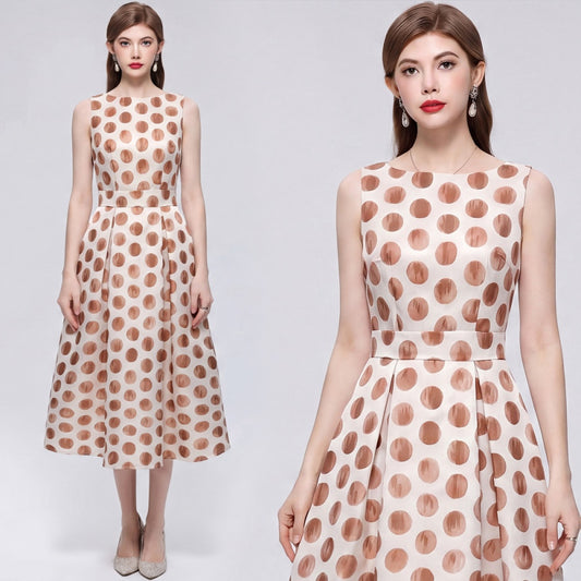 CM-DY072022 Women Elegant European Style Polka Dot Round Neck Sleeveless Pinched Waist Midi Dress