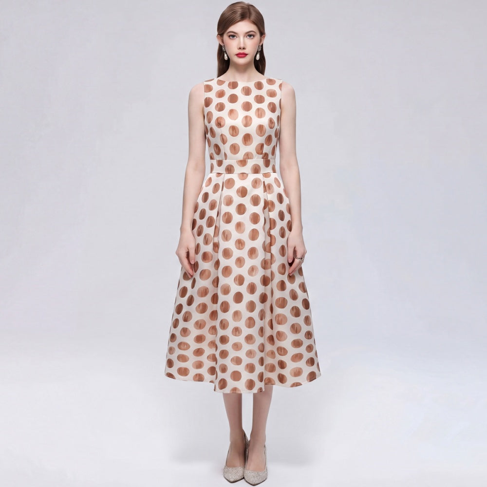 CM-DY072022 Women Elegant European Style Polka Dot Round Neck Sleeveless Pinched Waist Midi Dress