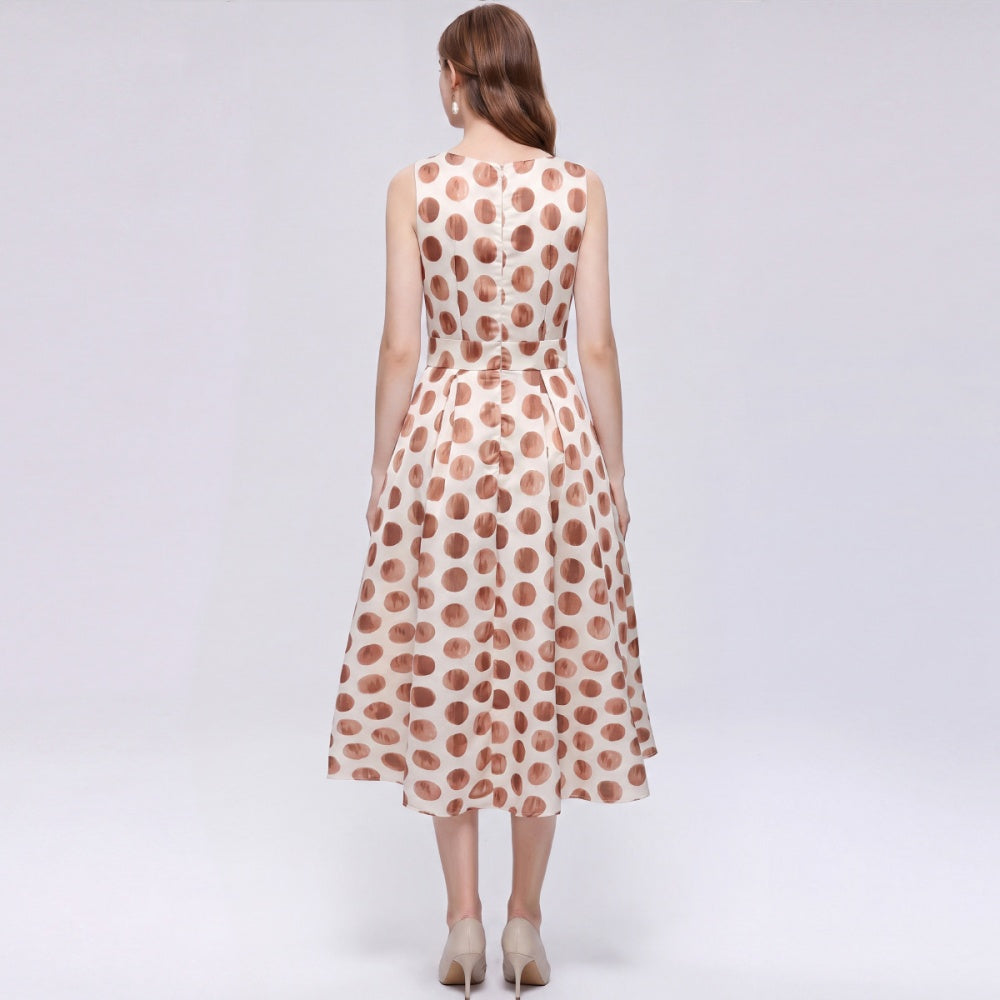 CM-DY072022 Women Elegant European Style Polka Dot Round Neck Sleeveless Pinched Waist Midi Dress