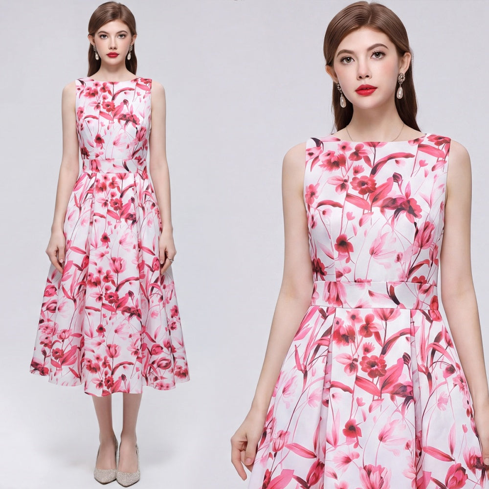 CM-DY072023 Women Elegant European Style Floral Print Round Neck Sleeveless Pinched Waist Midi Dress