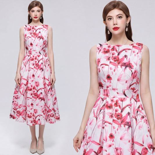CM-DY072023 Women Elegant European Style Floral Print Round Neck Sleeveless Pinched Waist Midi Dress
