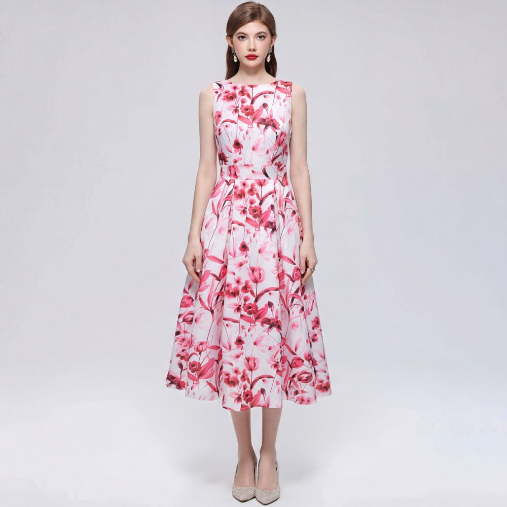 CM-DY072023 Women Elegant European Style Floral Print Round Neck Sleeveless Pinched Waist Midi Dress