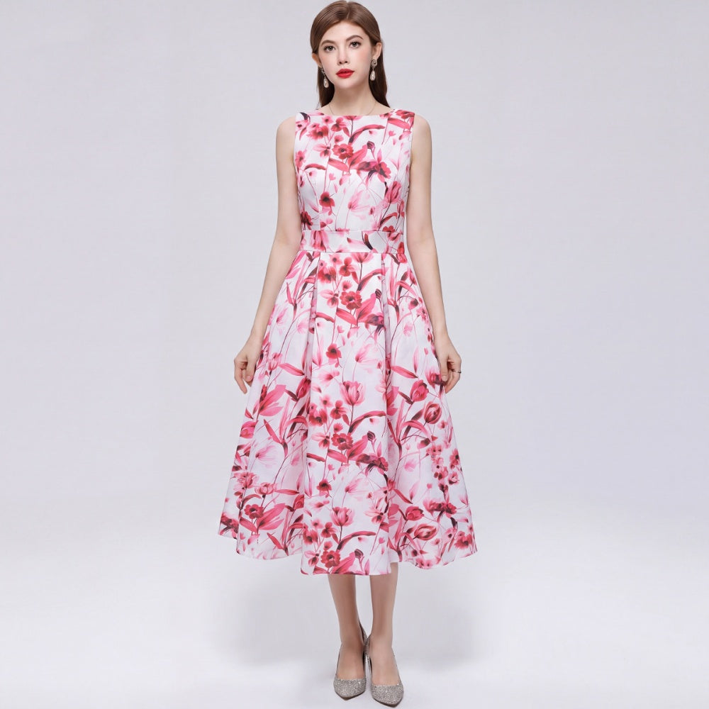 CM-DY072023 Women Elegant European Style Floral Print Round Neck Sleeveless Pinched Waist Midi Dress