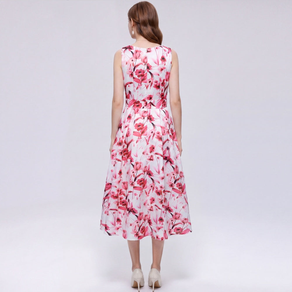 CM-DY072023 Women Elegant European Style Floral Print Round Neck Sleeveless Pinched Waist Midi Dress