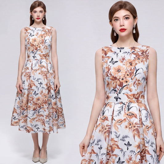 CM-DY072024 Women Elegant European Style Floral Print Round Neck Sleeveless Pinched Waist A-Line Dress