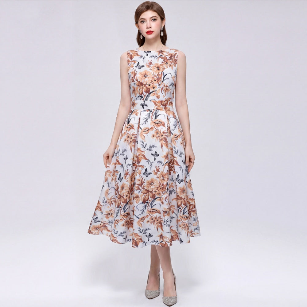 CM-DY072024 Women Elegant European Style Floral Print Round Neck Sleeveless Pinched Waist A-Line Dress