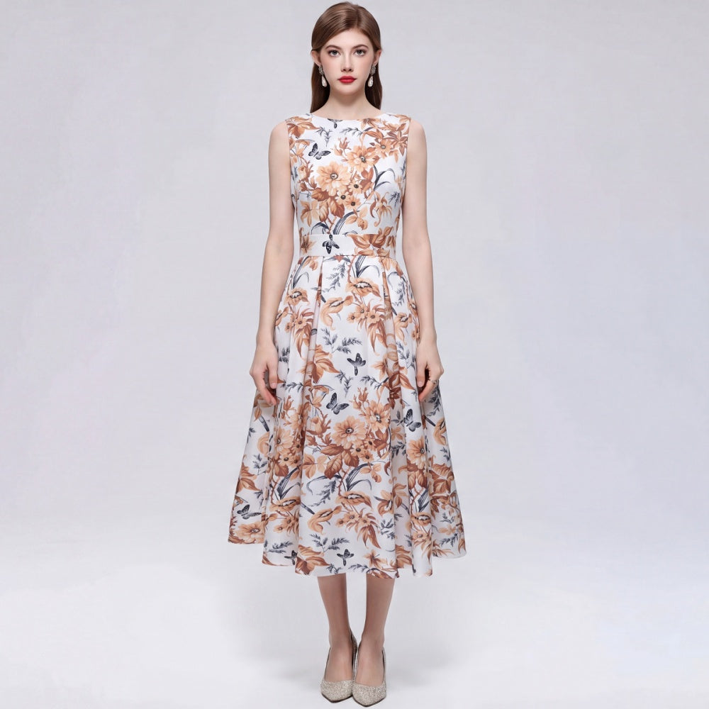 CM-DY072024 Women Elegant European Style Floral Print Round Neck Sleeveless Pinched Waist A-Line Dress