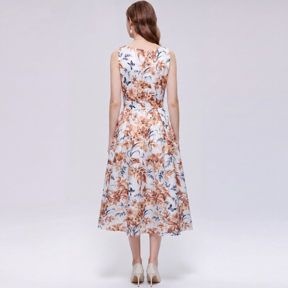 CM-DY072024 Women Elegant European Style Floral Print Round Neck Sleeveless Pinched Waist A-Line Dress