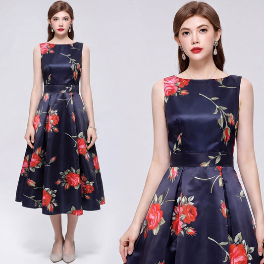 CM-DY072025 Women Elegant European Style Floral Print Round Neck Sleeveless Pinched Waist A-Line Dress
