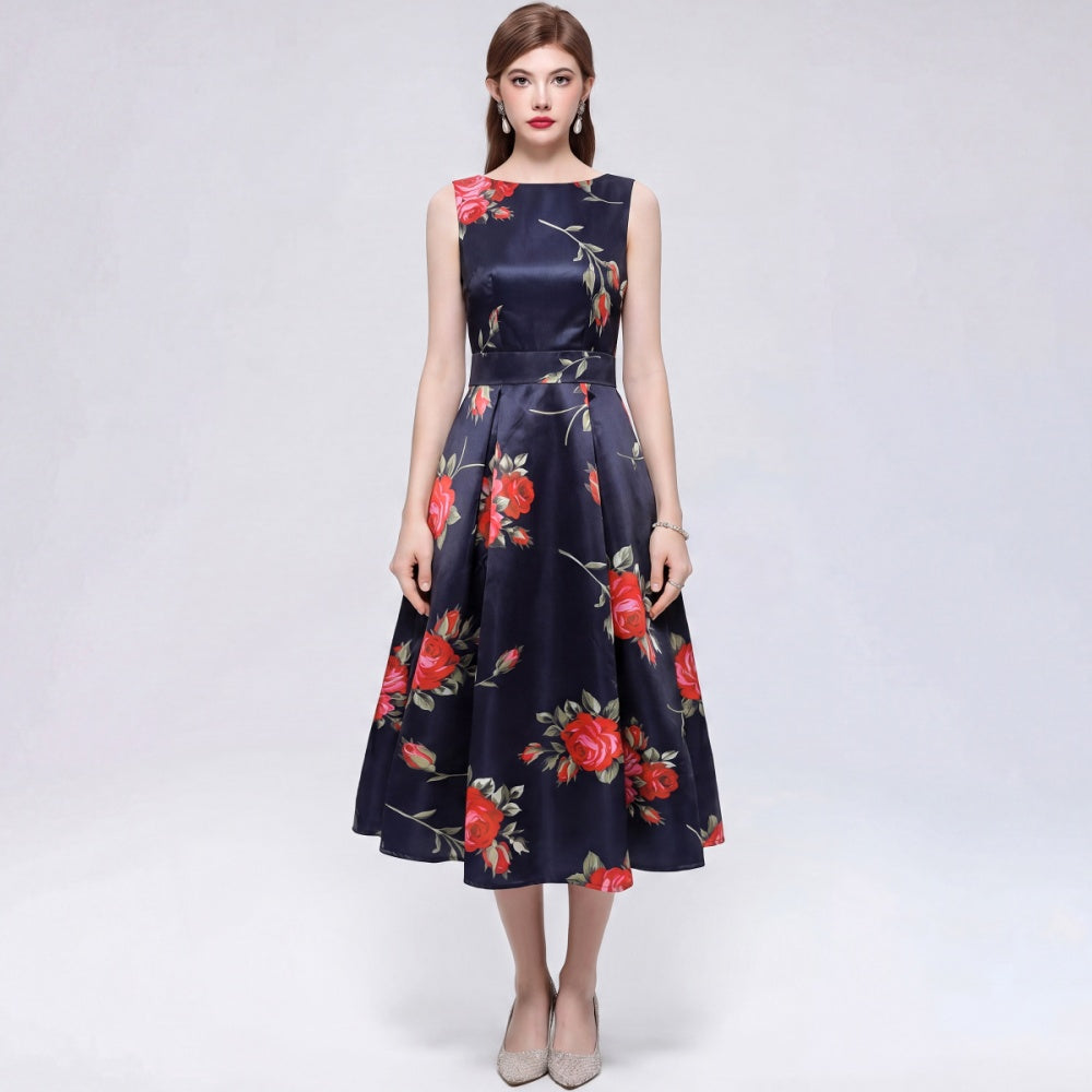 CM-DY072025 Women Elegant European Style Floral Print Round Neck Sleeveless Pinched Waist A-Line Dress