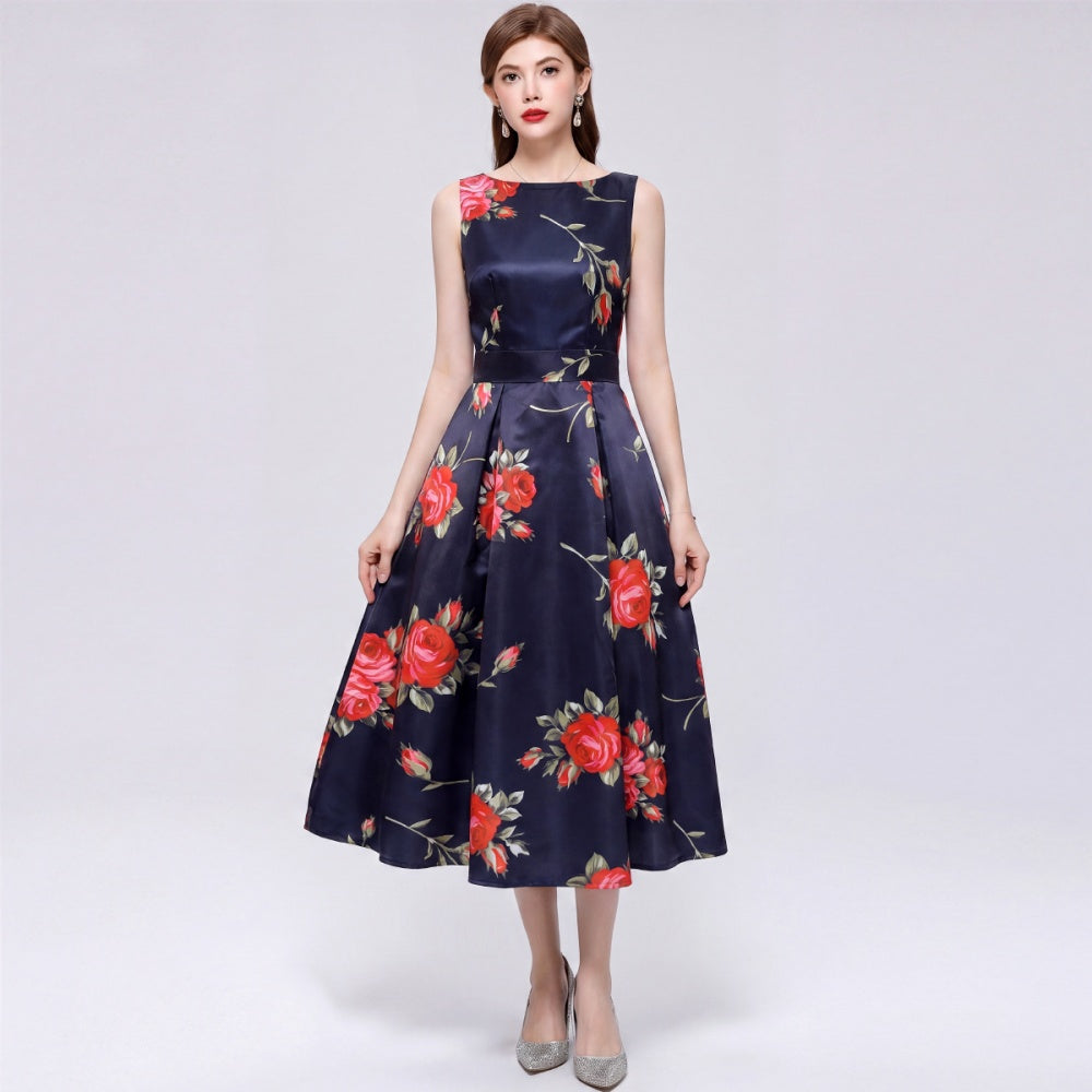 CM-DY072025 Women Elegant European Style Floral Print Round Neck Sleeveless Pinched Waist A-Line Dress