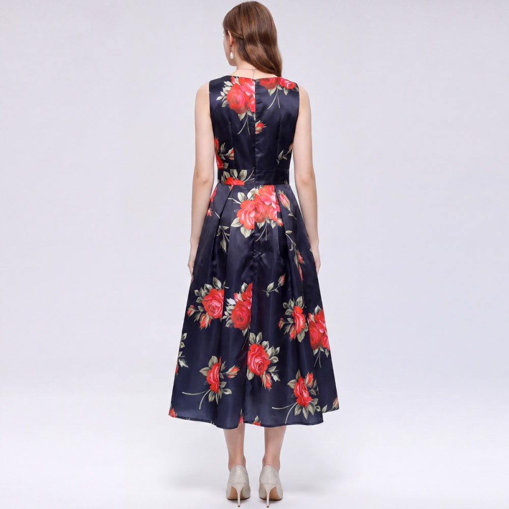 CM-DY072025 Women Elegant European Style Floral Print Round Neck Sleeveless Pinched Waist A-Line Dress