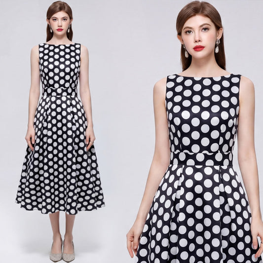 CM-DY072026 Women Elegant European Style Polka Dots Round Neck Sleeveless Pinched Waist Dress