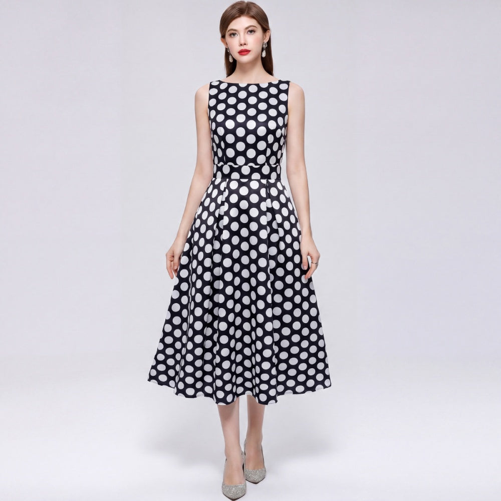 CM-DY072026 Women Elegant European Style Polka Dots Round Neck Sleeveless Pinched Waist Dress