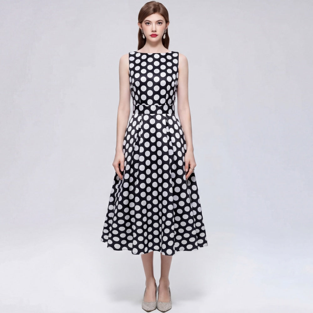 CM-DY072026 Women Elegant European Style Polka Dots Round Neck Sleeveless Pinched Waist Dress