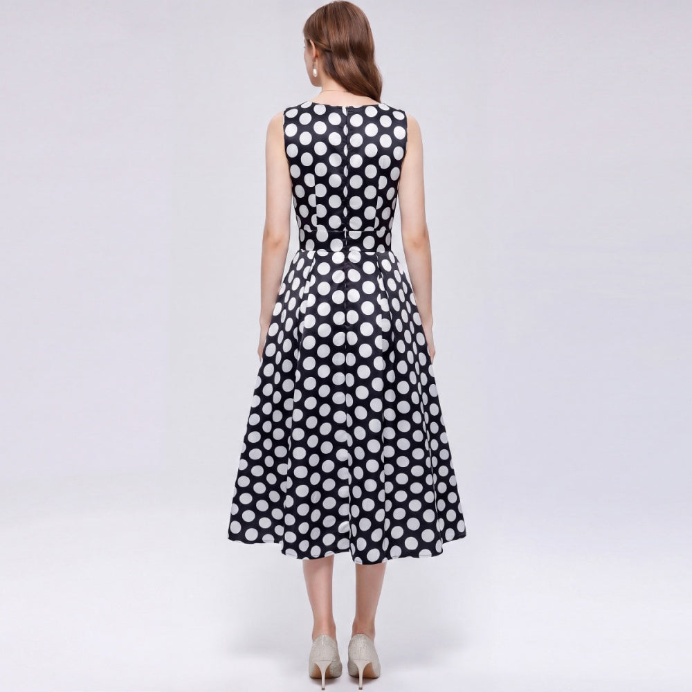 CM-DY072026 Women Elegant European Style Polka Dots Round Neck Sleeveless Pinched Waist Dress