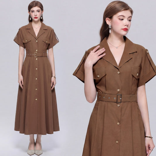 CM-DY072027 Women Elegant European Style Lapel Neckline Short Sleeve Single-Breasted A-Line Dress - Brown
