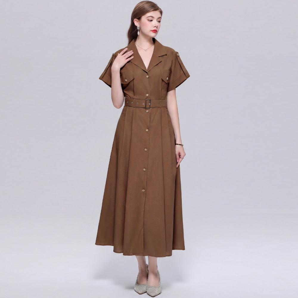 CM-DY072027 Women Elegant European Style Lapel Neckline Short Sleeve Single-Breasted A-Line Dress - Brown