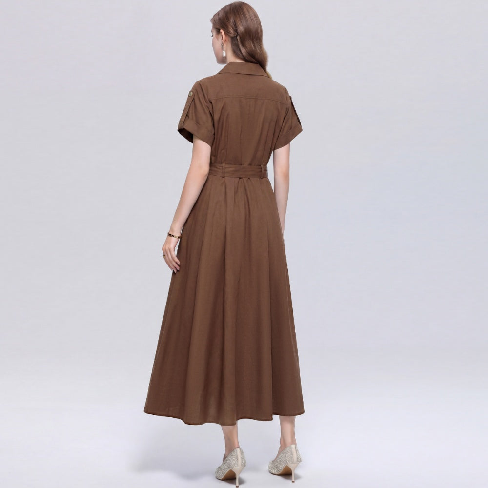 CM-DY072027 Women Elegant European Style Lapel Neckline Short Sleeve Single-Breasted A-Line Dress - Brown