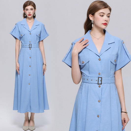 CM-DY072028 Women Elegant European Style Lapel Neckline Short Sleeve Single-Breasted A-Line Dress - Blue